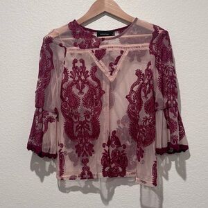 MINKPINK Sheer Mesh Embroidered Blouse Burgundy Coastal Cowgirl Fairy Festival